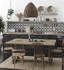 Ethnic kitchen interior, 3d render