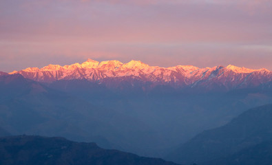 Fototapeta na wymiar Light effects of the sunset on the Himalayas, Chamba Valley, Himachal Pradesh, India.