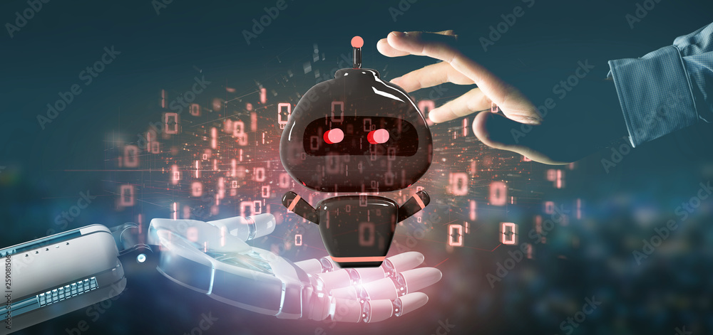 Poster cyborg hand holding virus chatbot with binary code 3d rendering