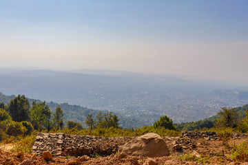 Landscape in the mountains, View from the Indrunag Peak, Dharmashala, Himachal Pradesh, India.