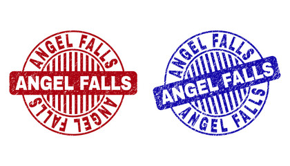 Grunge ANGEL FALLS round stamp seals isolated on a white background. Round seals with grunge texture in red and blue colors.