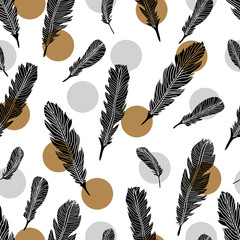 Cute seamless pattern with feather. Gold and silver polka dots.Can be used for wallpaper, pattern fills, web page background, surface textures.