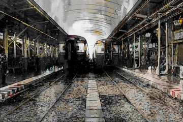 Fototapeta na wymiar Abstract painting of vintage train, digital painting