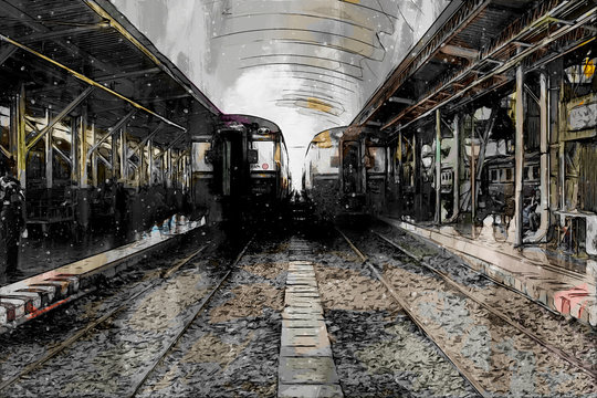 Abstract painting of vintage train, digital painting