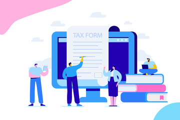  Online tax payment concept. Submit tax online. People filling tax form. Flat vector illustration for web. 