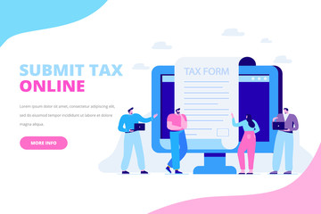  Online tax payment concept. Submit tax online. People filling tax form. Flat vector illustration for web. 