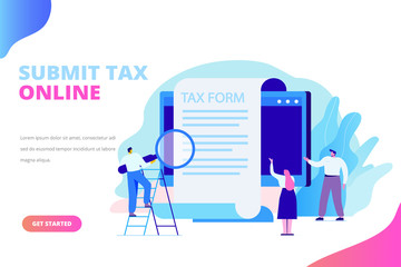  Online tax payment concept. Submit tax online. People filling tax form. Flat vector illustration for web. 