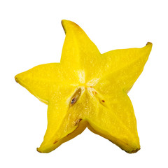 Yellow star fruit or carambola slice macro isolated on white background