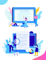  Online tax payment concept. Submit tax online. People filling tax form. Flat vector illustration for web. 