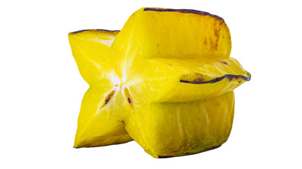 Yellow star fruit or carambola sliced macro isolated on white background