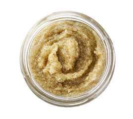 Jar of sugar scrub on white background