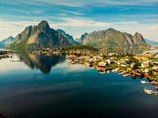 Fjord and mountains landscape. Lofoten islands Norway