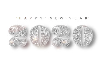 Happy New Year 2020 Greeting Card with Silver Numbers and Confetti Frame on White Background. Vector Illustration. Merry Christmas Flyer or Poster Design. Vector 10 EPS .