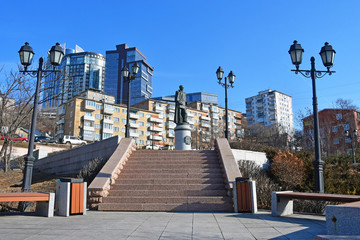 Russia. Monument of Muravyov-Amursky in Vladivostok in winter in sunny day