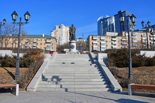 Russia. Monument of Muravyov-Amursky in Vladivostok in winter in sunny day