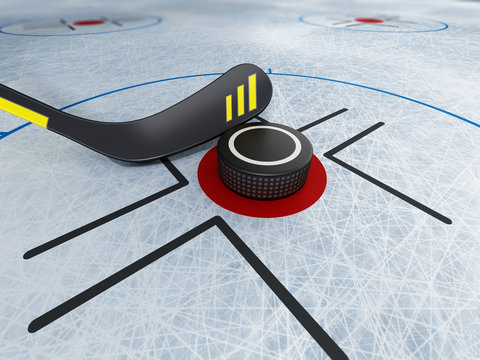 Ice hockey stick and puck on scratched ice background. 3D illustration