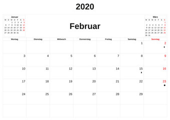 2020 a monthly calendar  with white background in German.