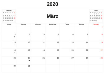 2020 a monthly calendar  with white background in German.
