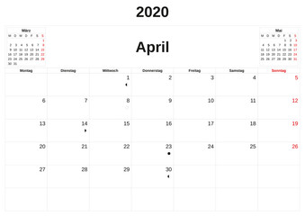 2020 a monthly calendar  with white background in German.