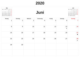 2020 a monthly calendar  with white background in German.