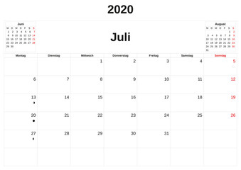 2020 a monthly calendar  with white background in German.