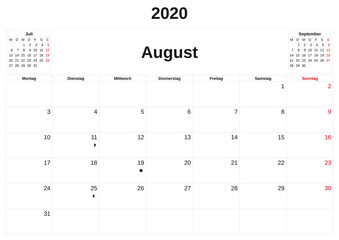 2020 a monthly calendar  with white background in German.