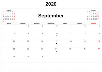 2020 a monthly calendar  with white background in German.