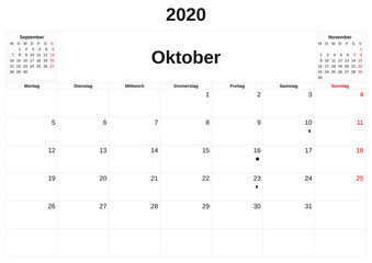 2020 a monthly calendar  with white background in German.