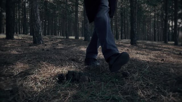 Crazy killer with axe hew stump and leaves murder weapon in forest