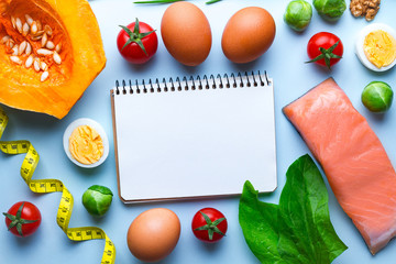 Ketogenic products for healthy, proper nutrition and losing weight. Low carb and keto diet concept. Fiber, clean and balanced food. Copy space for diet plan