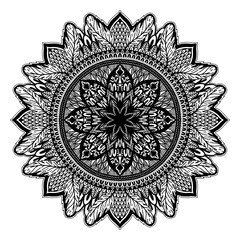 Round black mandala on white isolated white background. Vector boho drawing element. Ethnic symbol.