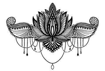 Naklejka premium Lotus flower ethnic symbol. Black color in white background.Tattoo design motif, decoration element. Sign Asian spirituality,norvana and innocence.