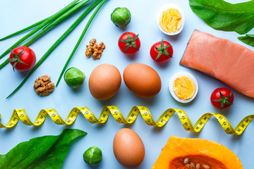 Ketogenic ingredients and products for healthy, proper nutrition and losing weight. Low carb and keto diet concept. Fiber, clean and balanced food. Diet plan and control food.