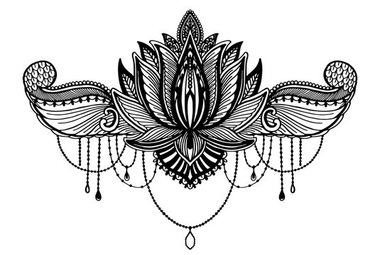 Lotus flower ethnic symbol. Black color in white background.Tattoo design motif, decoration element. Sign Asian spirituality,norvana and innocence.