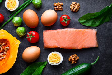 Ketogenic products for healthy, proper nutrition and losing weight. Low carb and keto diet concept. Fiber, clean and balanced food. Control eating