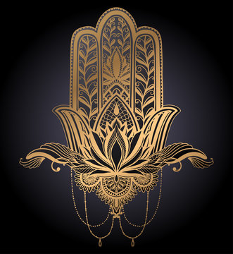 Hamsa talisman religion Asian and lotus flower. Gold gradient color graphic in black background. Symbol of protection and talisman against the evil eye.Tattoo motif.