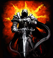 Naklejka premium Knight of darkness with a sword stands amid the hellish sun