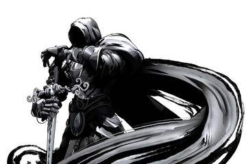 Gloomy knight in black armor with a cloak and sword in his hands stands proudly on a white background - obrazy, fototapety, plakaty