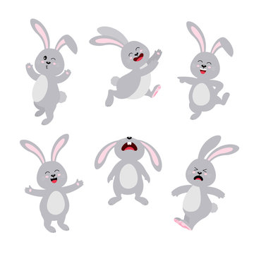 Set of  gray rabbits in different pose and expression. Happy Easter day, cartoon character design. Vector illustration isolated on white background.