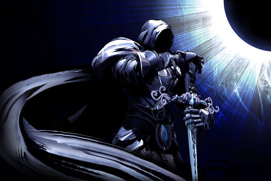 A black knight with a long cloak stands holding a sword against a blue Eclipse