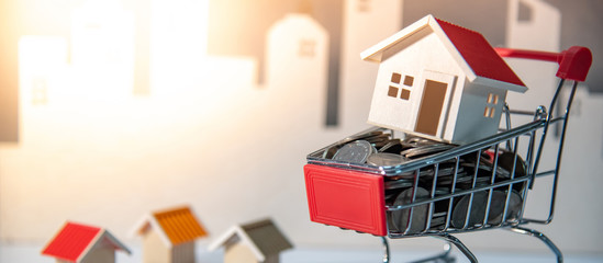 Real estate or property investment concept. Home mortgage loan rate. Construction business investing. House models and coins in mini shopping cart (trolley) with city background.