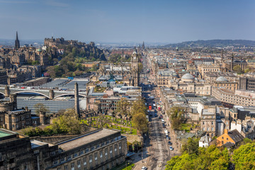 Panorama of old town Edinburgh with Princess street against castle in Scotland