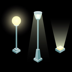 Set of street light isometric 3d vector in flat style isolated on black background.