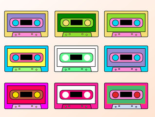 Set of colorful Retro audio tape cassette, vintage mixtape on isolated white background. Old technology. Vector illustration
