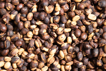Coffee beans background.Brown roasted coffee beans pattern in coffee shop prepared for making cappuccino or latte hot drink.