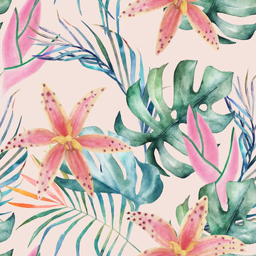 Tropical seamless pattern with orchids and leaves. Watercolor summer print. Exotic floral  hand drawn illustration