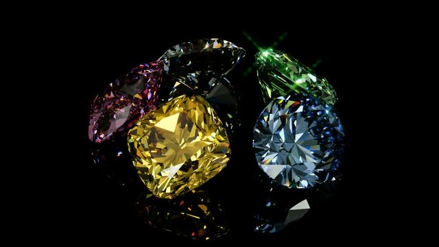 Five fancy multi colored diamonds rotating on black glossy background. Seamless 3D animation