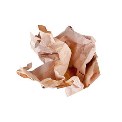 Сrumpled old brown paper ball on white background isolated close up, wrinkled dirty used sheet of...