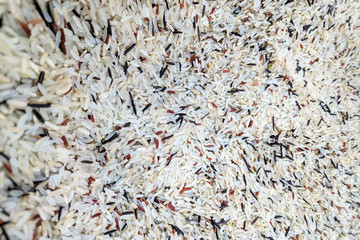 Close up, Fresh organic  A mixture of four types of rice: white, brown and long grain on fresh market,  background. rice mix  texture .