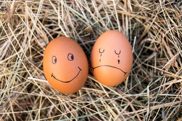 Close up of eggs with drawn funny faces on straw.
